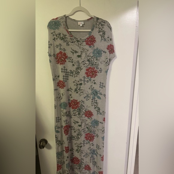 LuLaRoe Dresses & Skirts - LuLaRoe Womens Maria Ribbed Short Sleeve Maxi Dress Gray Floral Print Size Large